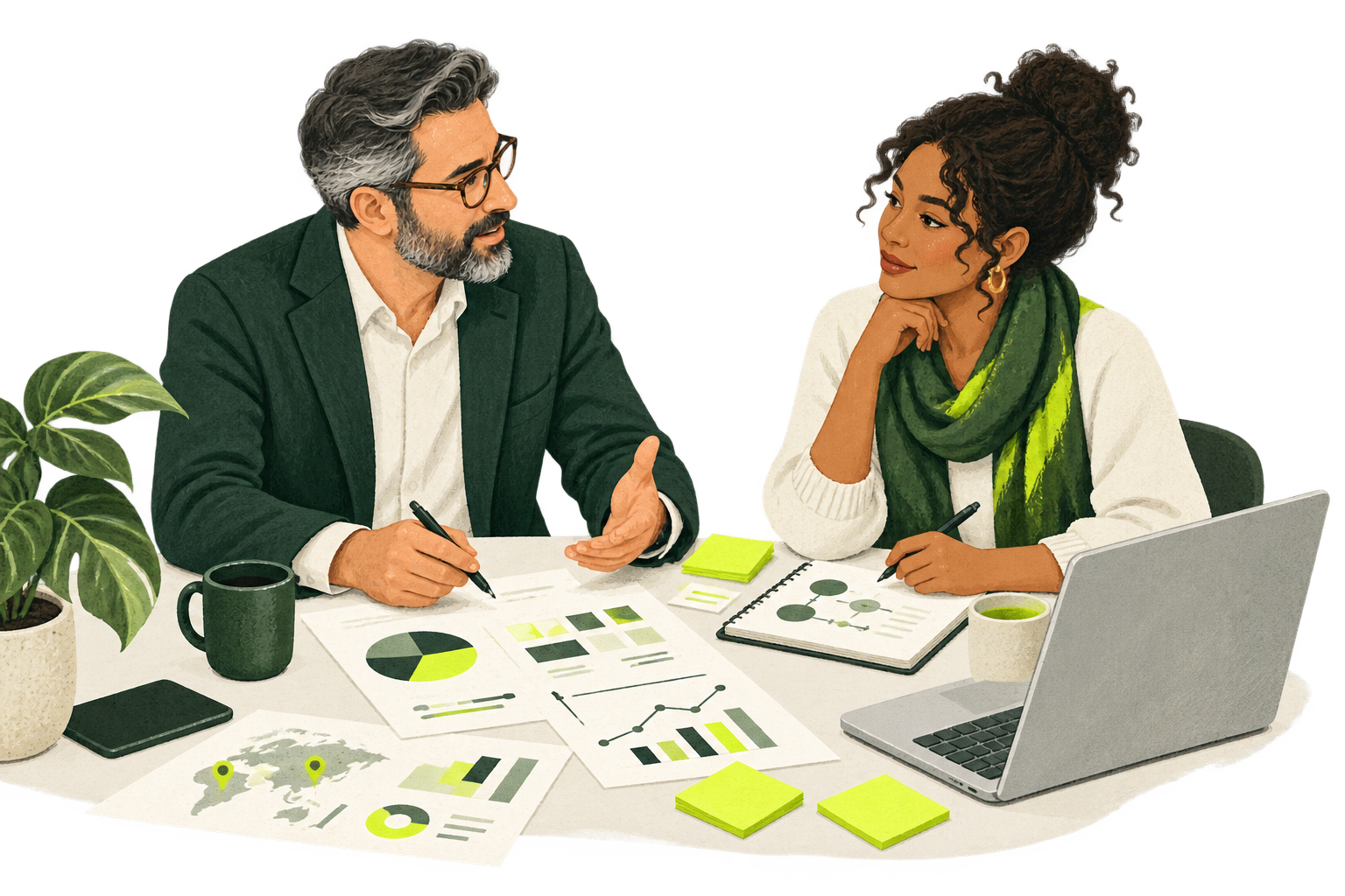Illustration of a media consultant and client reviewing campaign plans and results