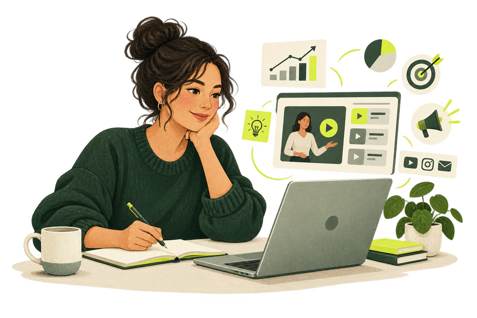 Illustration of a person learning about media and marketing through an online course